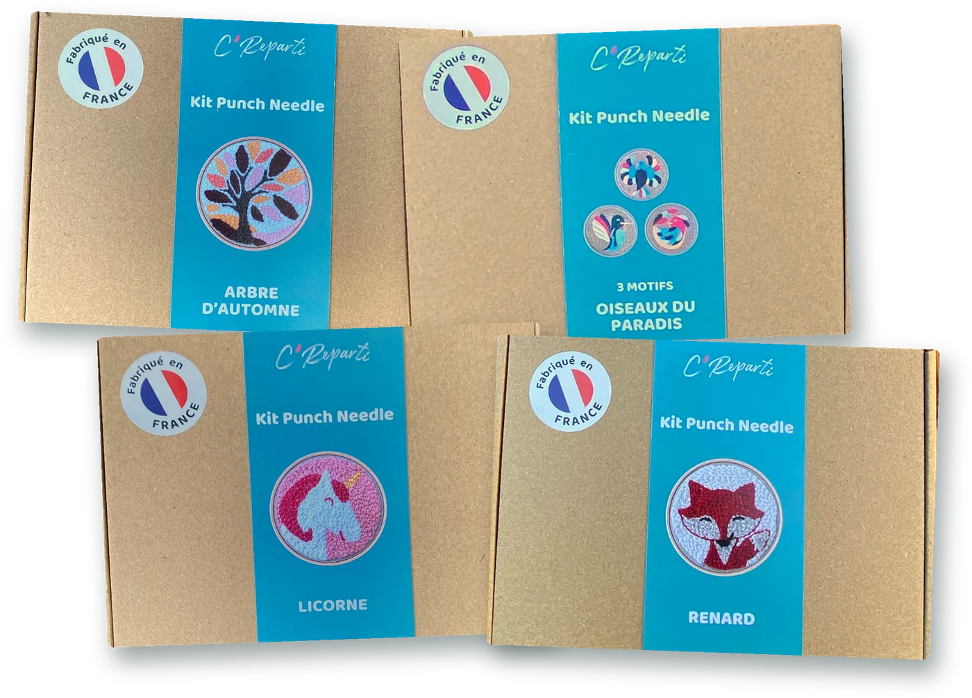 Quatre kits de punch needle C'Reparti en boîte : Arbre d'automne, Oiseaux du paradis, Licorne et Renard