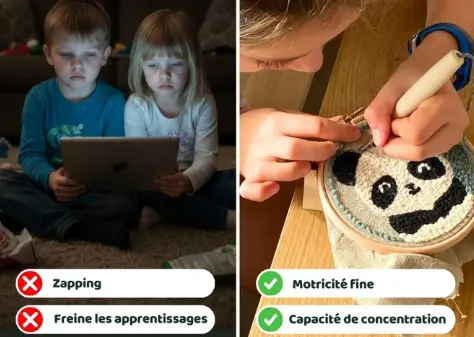 À gauche, enfants devant une tablette. À droite, enfant qui réalise un panda en punch needle